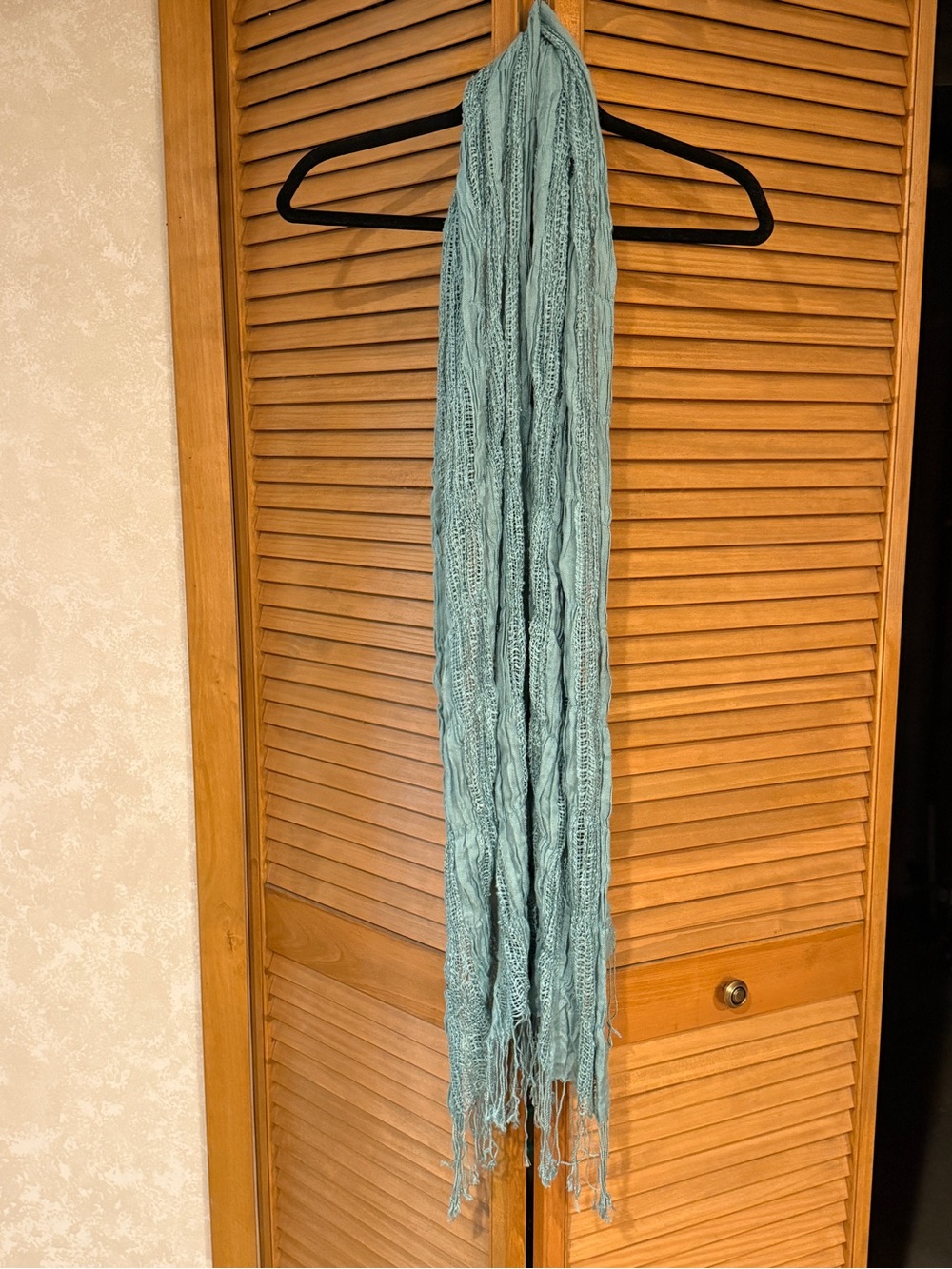 Boho Open Knit Crinkle Fringe Scarf Teal Blue Green Mesh Longline Lightweight